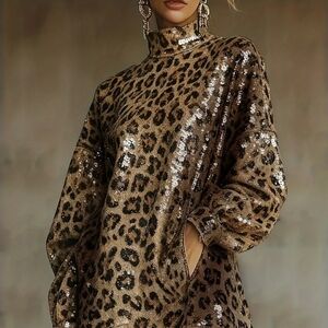 GEORGEOUS! Leopard Shimmering High Neck Fringed Dress.